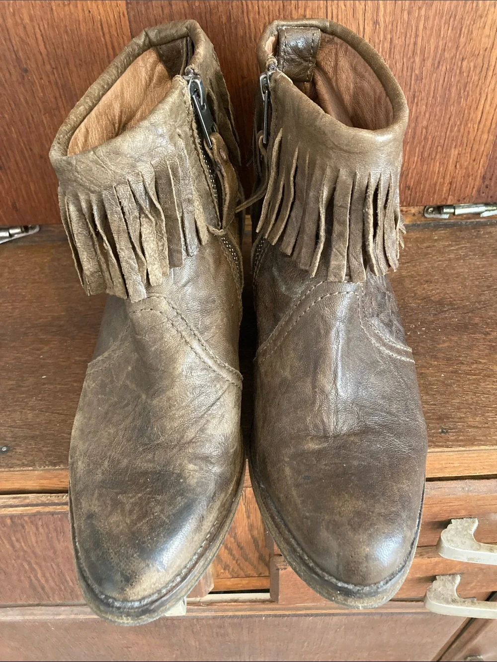 ALL SAINTS Fringe Bonny Booties Y2K sz 38 Weathered Taupe.